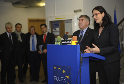 (from right) EU Commissioner for Home Affairs, Cecilia Malmstrom and Xavier de Marnhac addressing the media